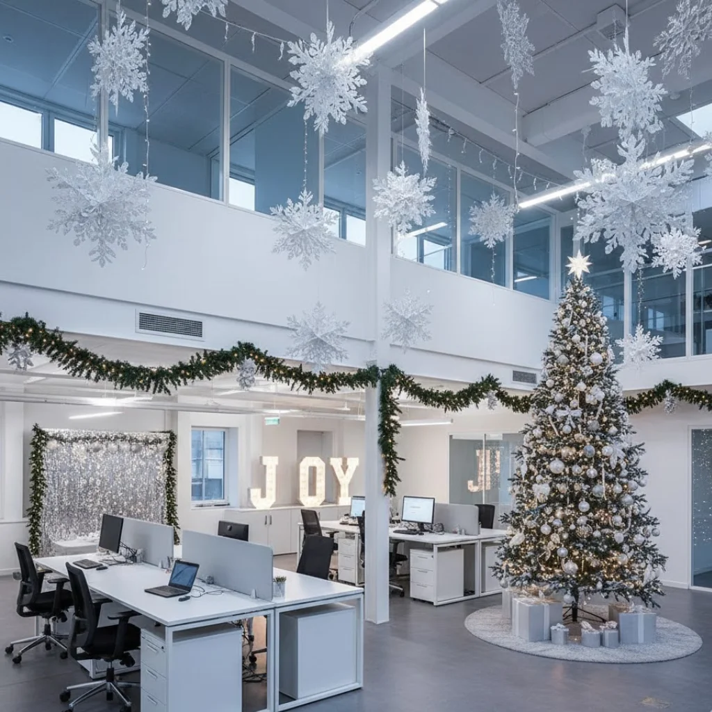 Open-plan office decorated with Christmas tree, garlands, and hanging snowflakes.