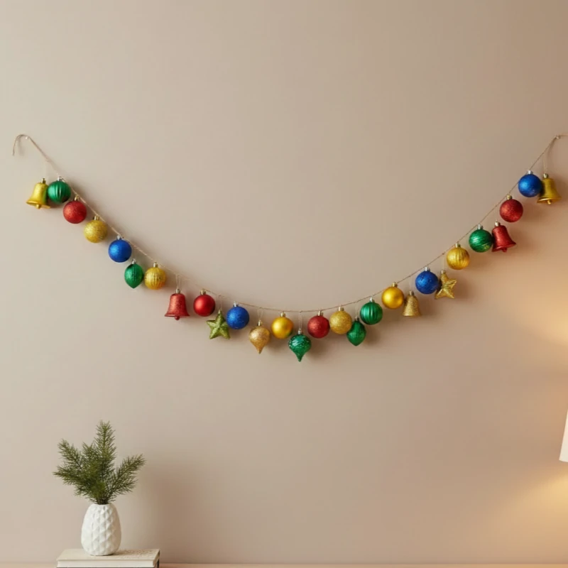 Colorful ornament garland hanging across a wall with a small pine vase below.
