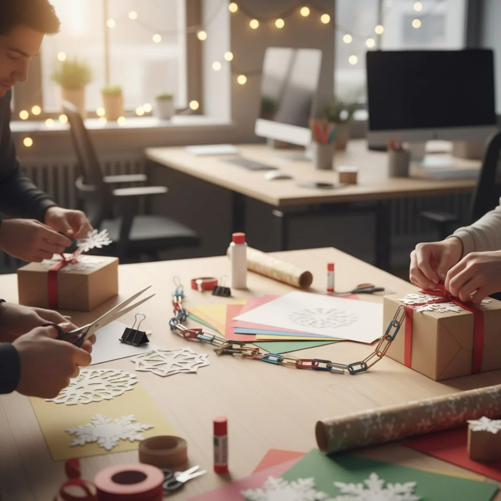 People crafting Christmas decorations on an office desk.