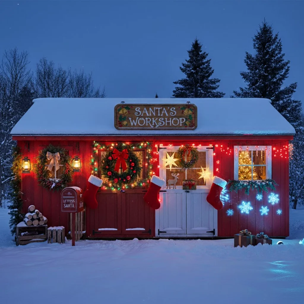 Red shed decorated with wreaths, stockings, glowing lights, and festive outdoor decorations.
