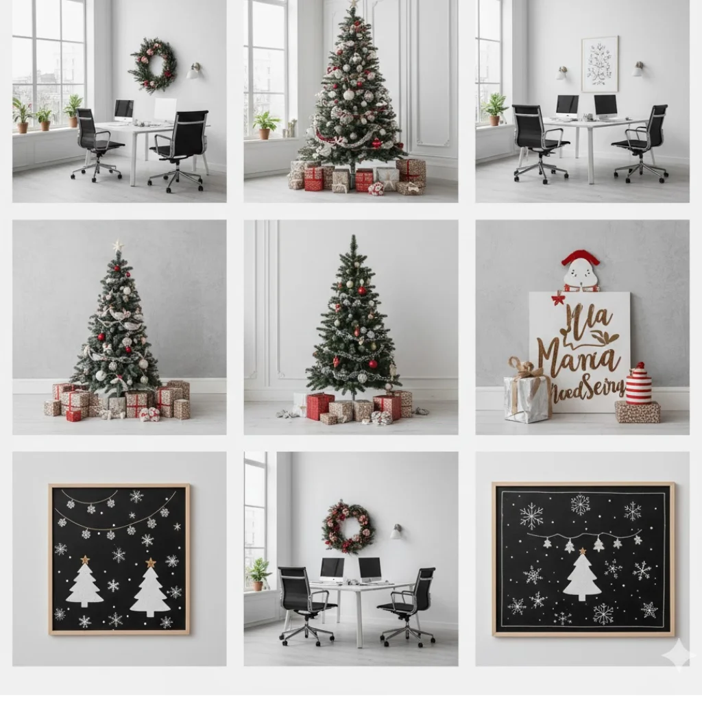 Collage of Christmas office décor including trees, wreaths, and wall art.