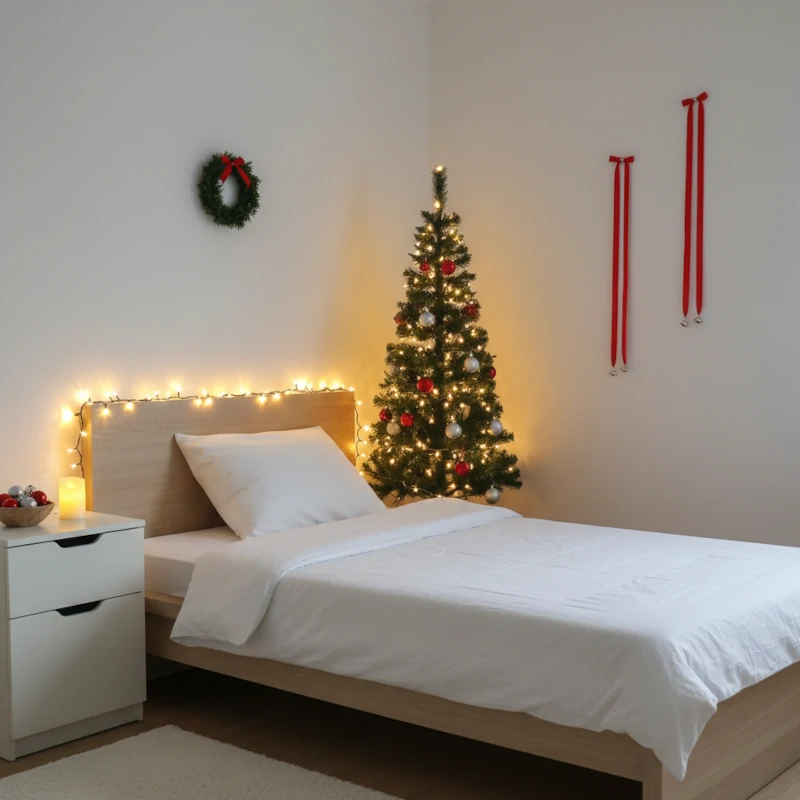 Small bedroom with a pencil Christmas tree, wall wreath, red ribbons, and fairy lights on the headboard.