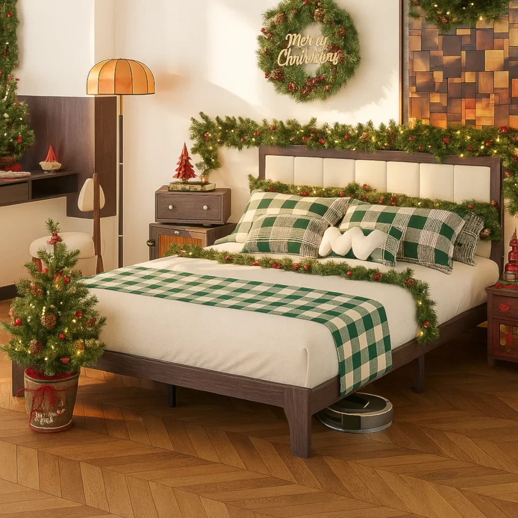 Bedroom with green plaid bedding, garland, Christmas wreath, and potted mini trees.