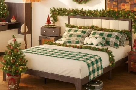 Bedroom with green plaid bedding, garland, Christmas wreath, and potted mini trees.