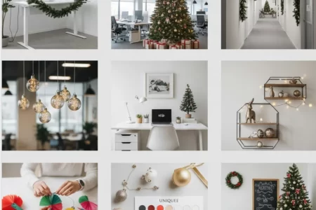 Grid of decorated office spaces with trees, wreaths, and ornaments.