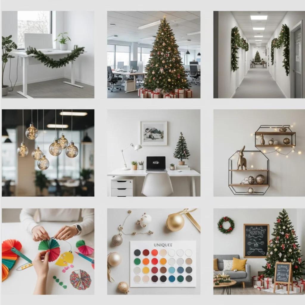 Grid of decorated office spaces with trees, wreaths, and ornaments.