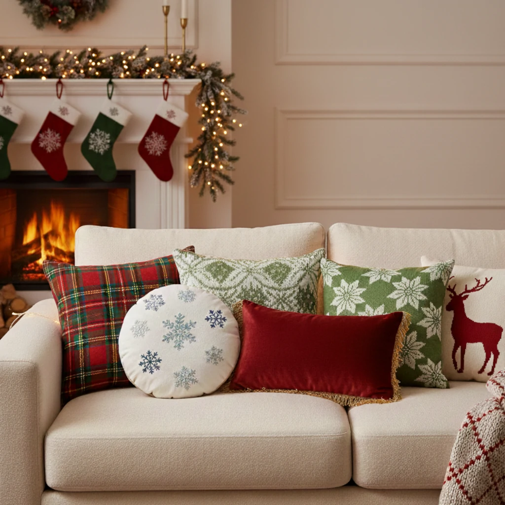 Festive sofa with mixed holiday pillows and a decorated fireplace in the background.

