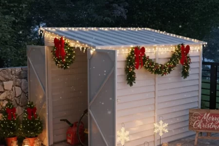 Outdoor shed with garlands, wreaths, pathway lights, and small Christmas trees.