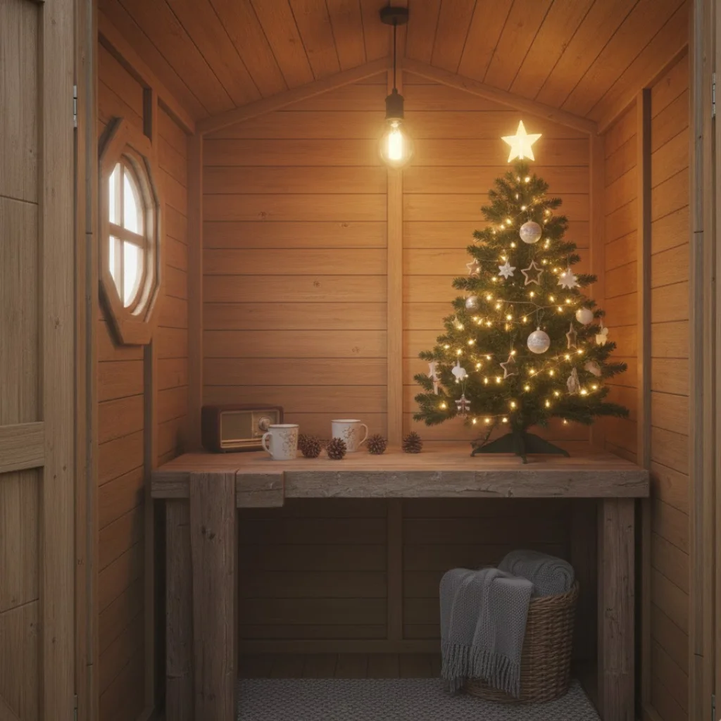 Small decorated Christmas tree on wooden table inside a cozy shed.
