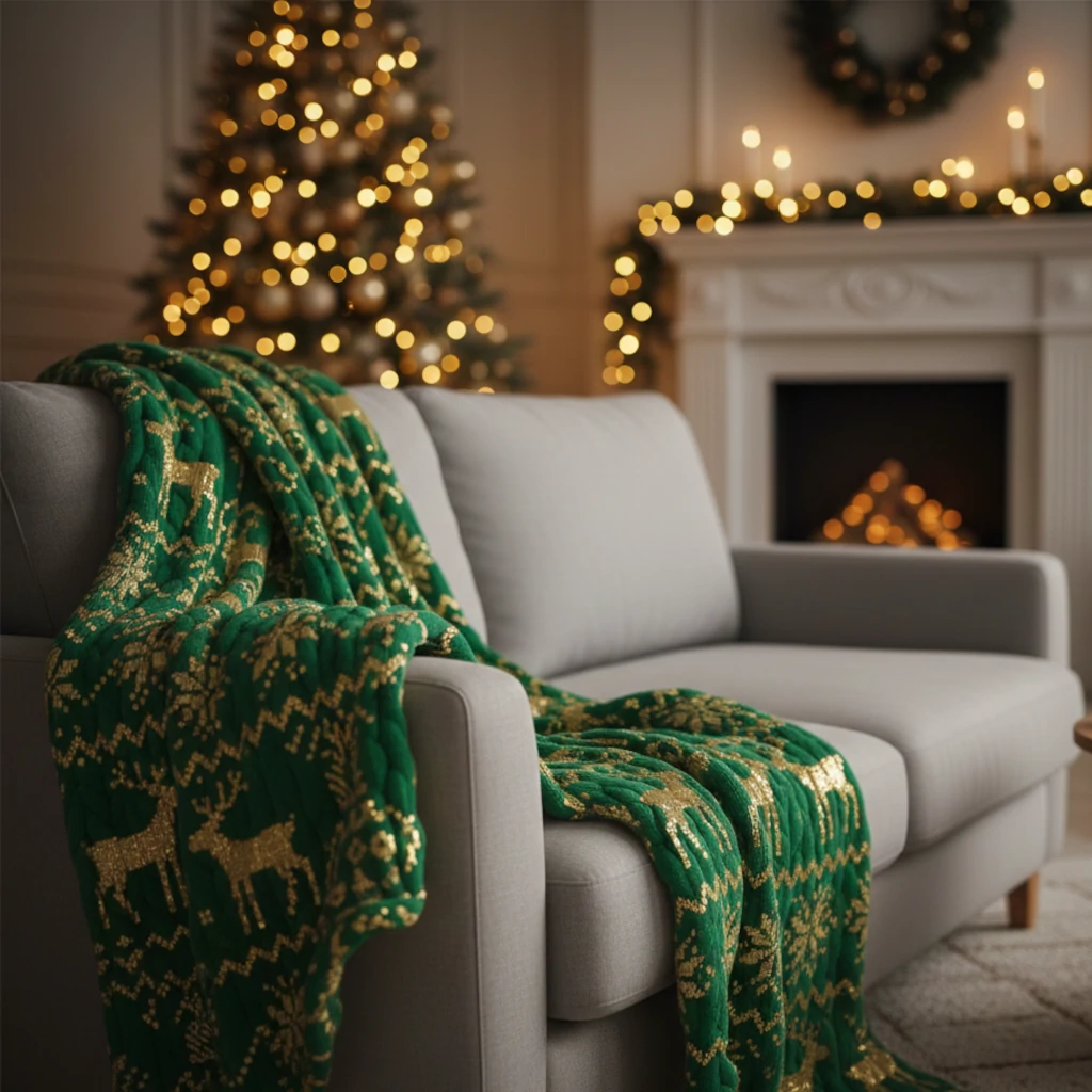 Grey sofa with a green and gold Christmas knit throw near a glowing holiday tree.
