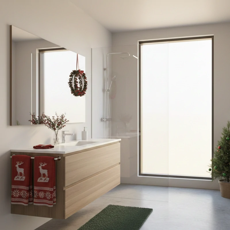 Modern Christmas bathroom with red towels, green rug, wreath, and small decorated evergreen tree.