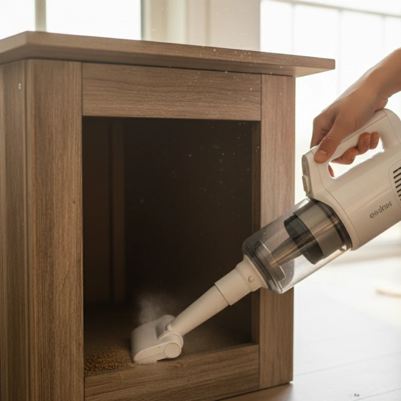 Vacuum cleaning inside a wooden cat house to remove dust and debris.