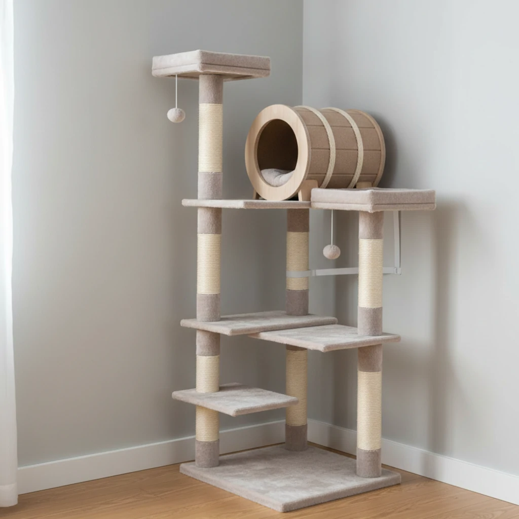 Beige multi-level cat tree positioned securely in a corner with platforms and scratching posts.