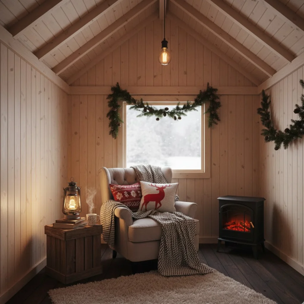 Warm shed interior with armchair, garland, lantern, blankets, and electric fireplace for Christmas.
