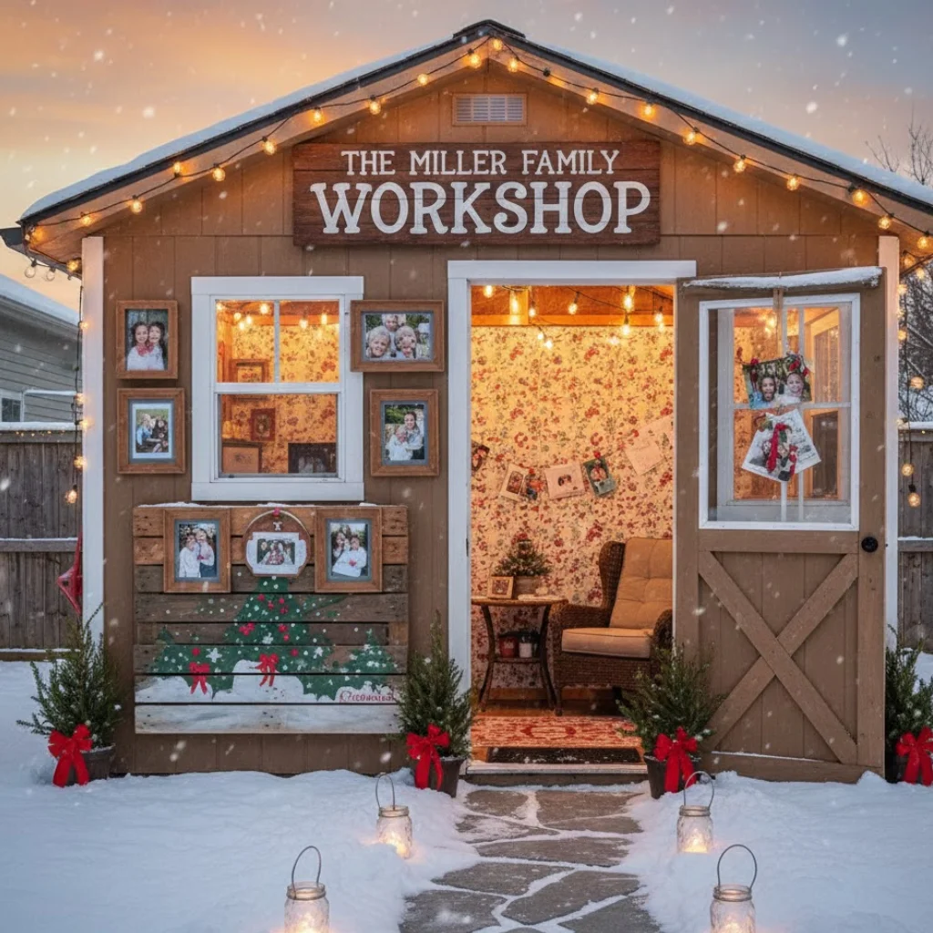 Christmas-themed shed front with family photos, warm lights, and holiday decorations.
