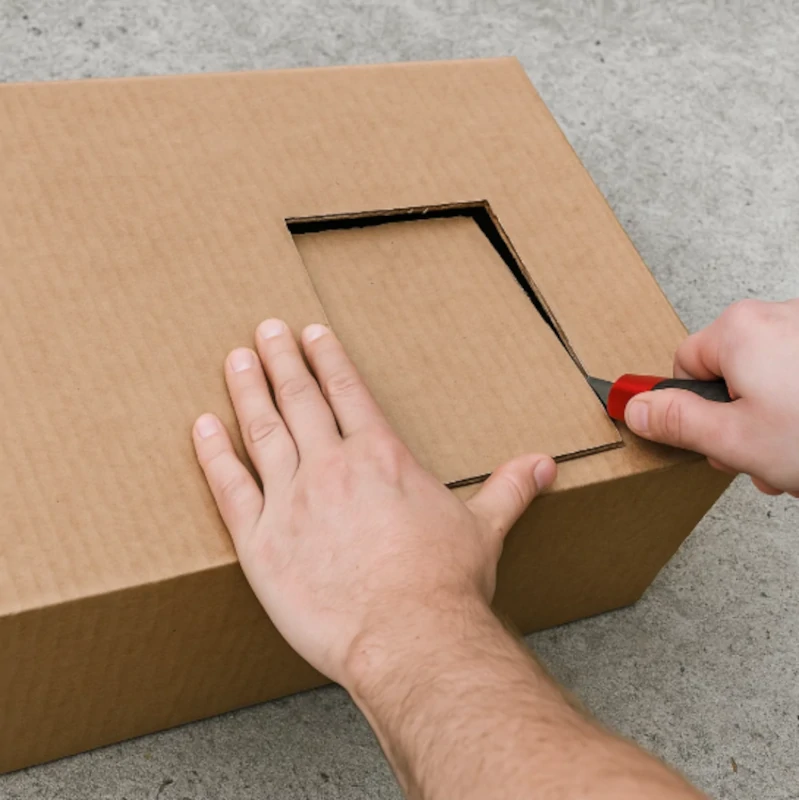Hands cutting a square doorway into a cardboard box using a utility knife.
