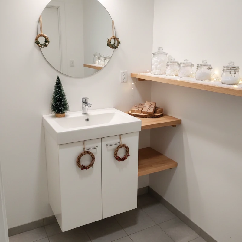 Simple bathroom vanity with mini wreaths, a small Christmas tree, wrapped soaps, and warm holiday accents.
