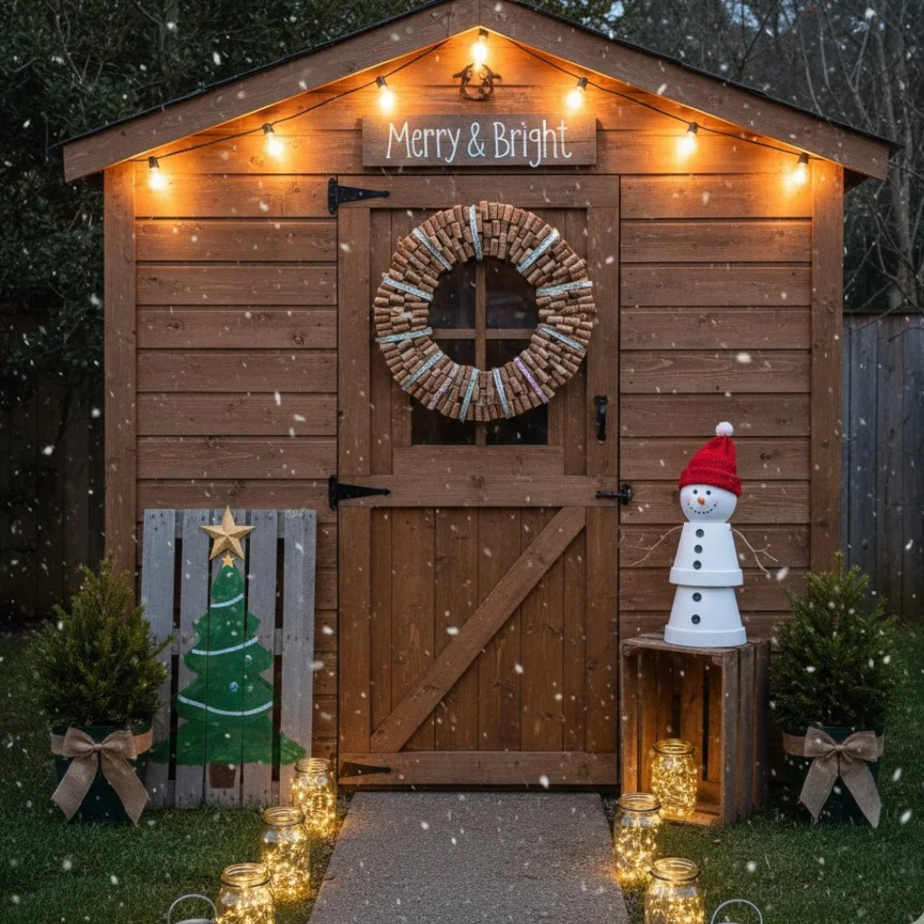 Wooden shed decorated with wreath, string lights, small trees, and festive props.
