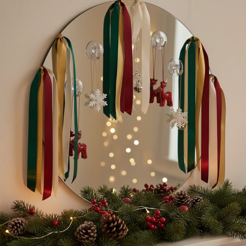 Round mirror with festive ribbons and ornaments hanging from suction hooks above a greenery garland.