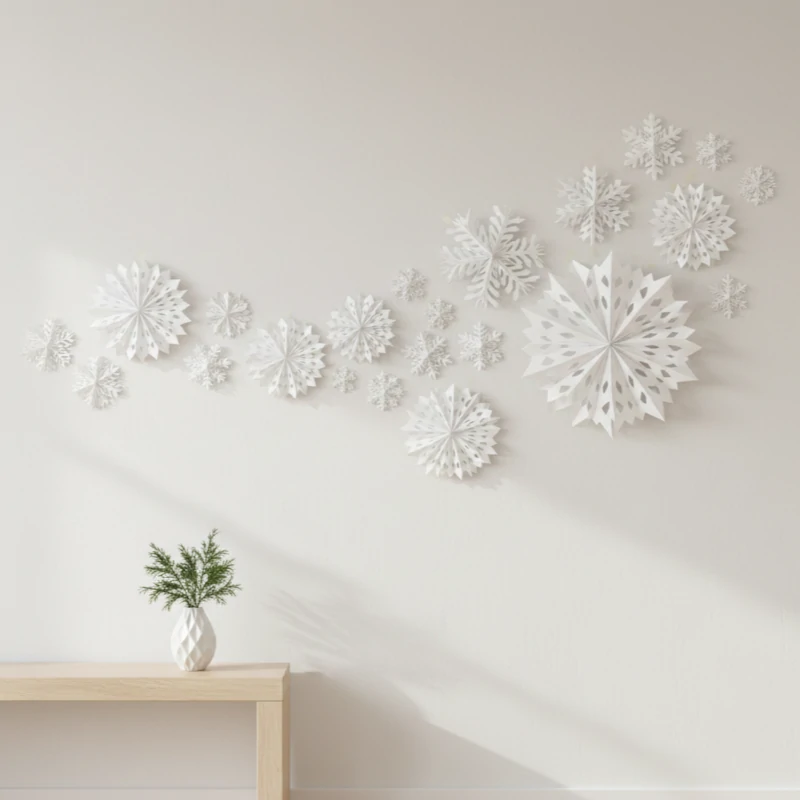 White 3D paper snowflakes arranged artistically on a wall above a light wooden bench.
