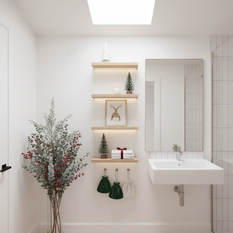 Minimal white bathroom with floating shelves, mini Christmas trees, festive greenery, and soft lighting.
