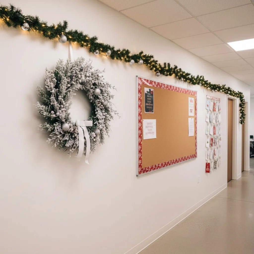 Hallway with Christmas garland and frosted wreath on the wall.