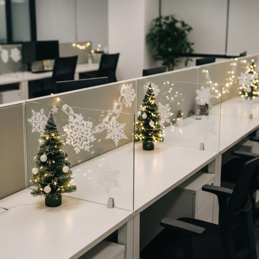 Office cubicles decorated with mini Christmas trees and snowflake decals.