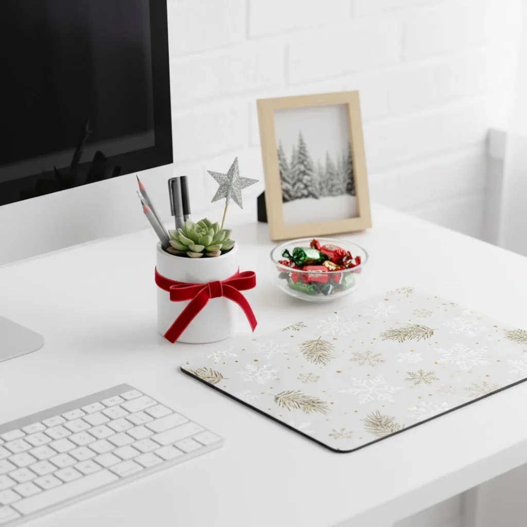 Minimal desk decorated with Christmas accents and a small plant.