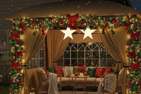 Festive gazebo with glowing garlands, stars, and holiday seating.