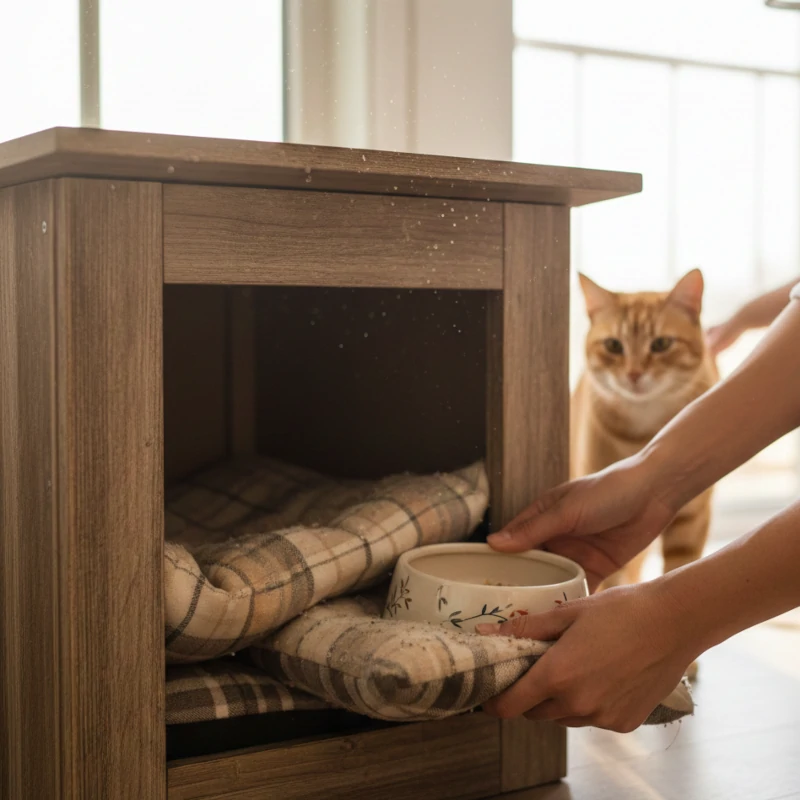 Person removing bedding and a bowl from a cat house while a cat watches.