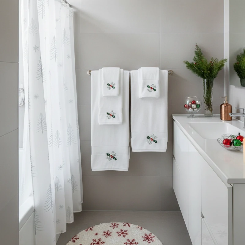 Bathroom featuring embroidered holiday towels, a festive bath mat, greenery vase, and a Christmas shower curtain.
