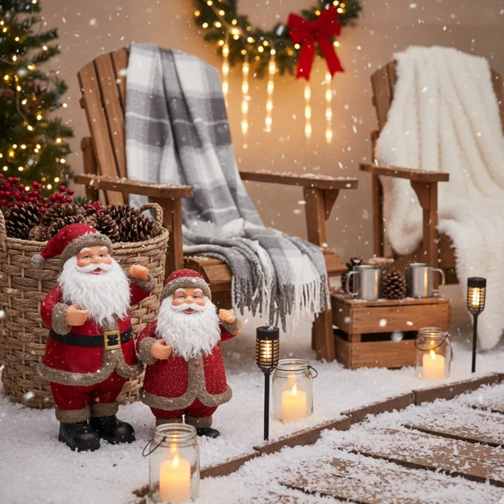 Outdoor Christmas setup with Santa figurines, lanterns, pinecones, blankets, and cozy winter seating.