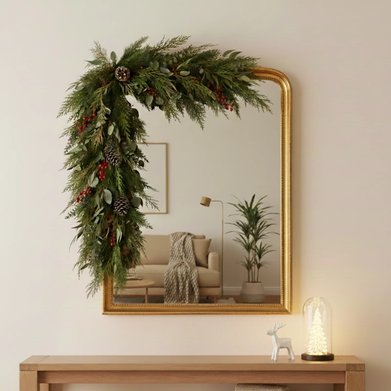 Gold-framed mirror decorated with cascading Christmas greenery, pinecones, and berries on one upper corner.