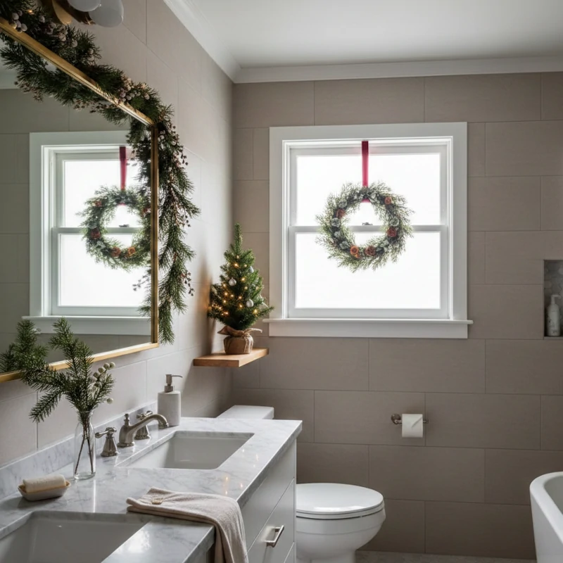 Bathroom styled with mirror garland, window wreaths, small tabletop tree, and natural greenery accents.