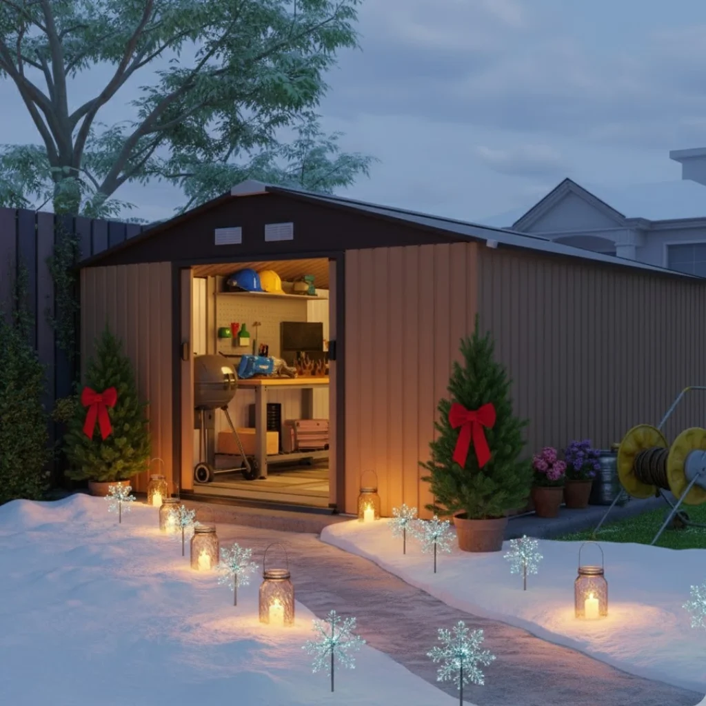 Winter shed entrance lit with lanterns, snowflake lights, and Christmas trees.
