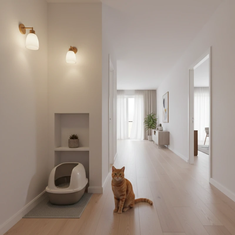 Cat sitting beside a covered litter box neatly placed in a hallway wall nook.