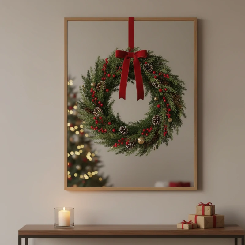 Rectangular mirror with a classic Christmas wreath hanging from a red ribbon in front of it.
