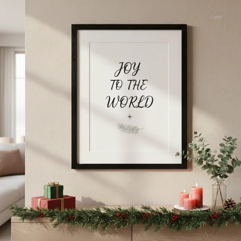 Framed “Joy to the World” artwork above a garland with candles and wrapped Christmas gifts.
