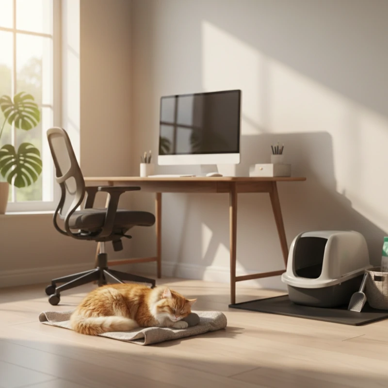 Cat sleeping near a covered litter box beside a bright home office desk.