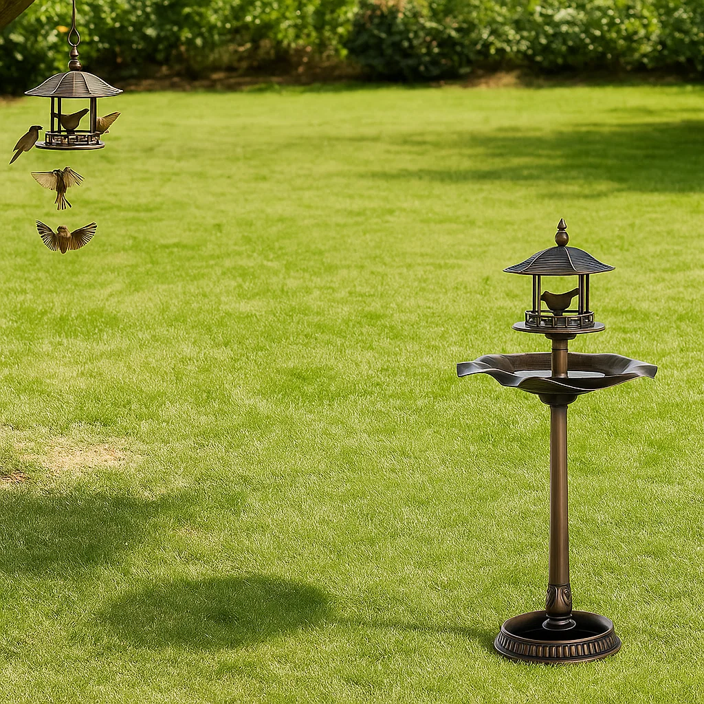 Bird feeder hanging near a bronze bird bath on open green lawn.