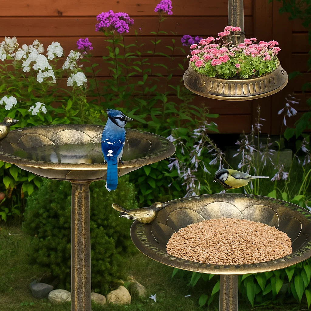 Bird bath shown with birds, seed tray, and hanging flower dish.