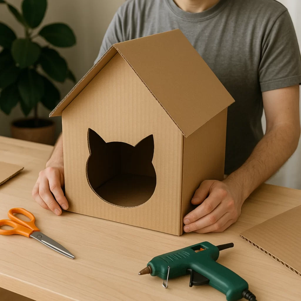Person holding a cardboard cat house with a cat-shaped entrance on a table.
