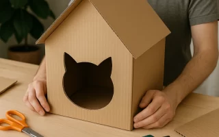 Person holding a cardboard cat house with a cat-shaped entrance on a table.