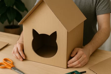 Person holding a cardboard cat house with a cat-shaped entrance on a table.