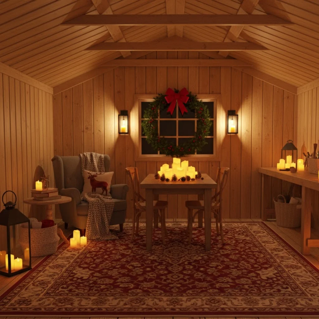 Cozy shed interior with candles, wreath, wooden walls, and warm Christmas lighting.
