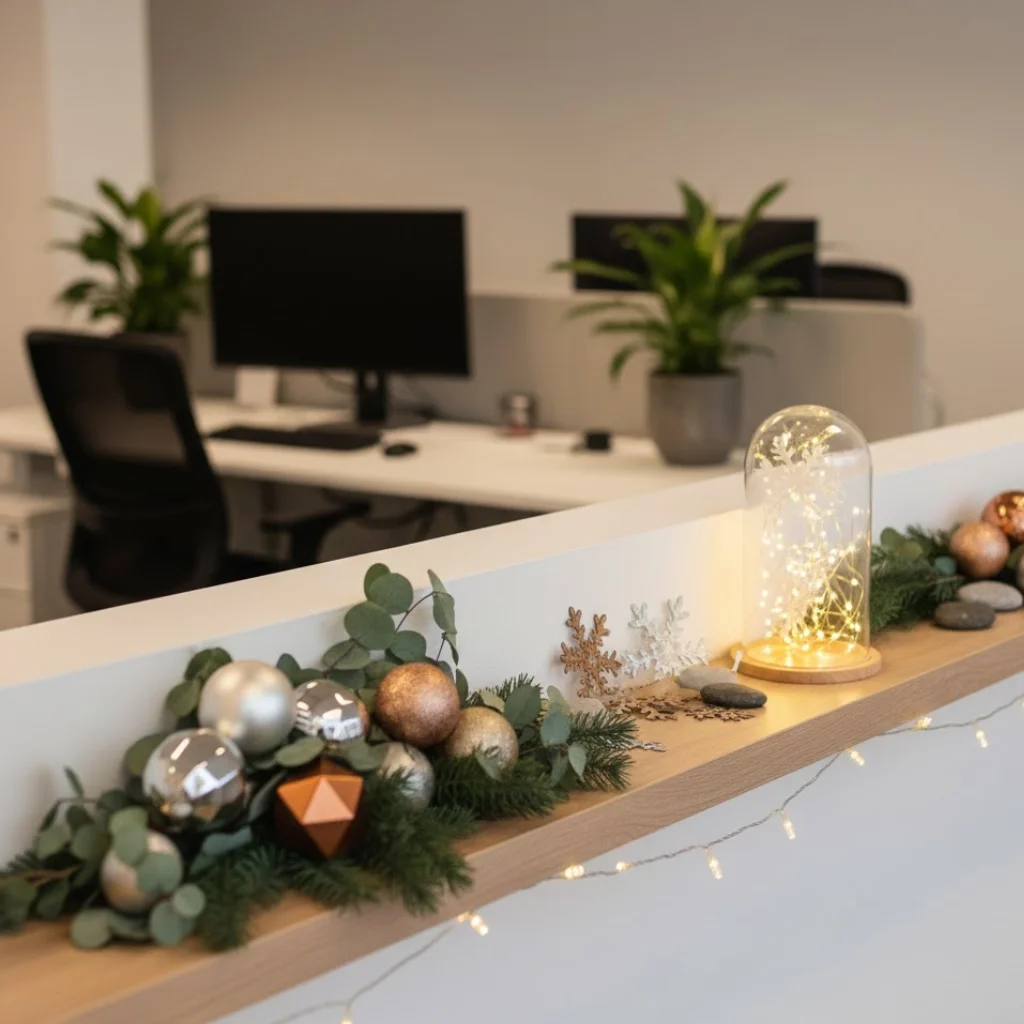 Office shelf decorated with greenery, ornaments, and a lit glass dome.