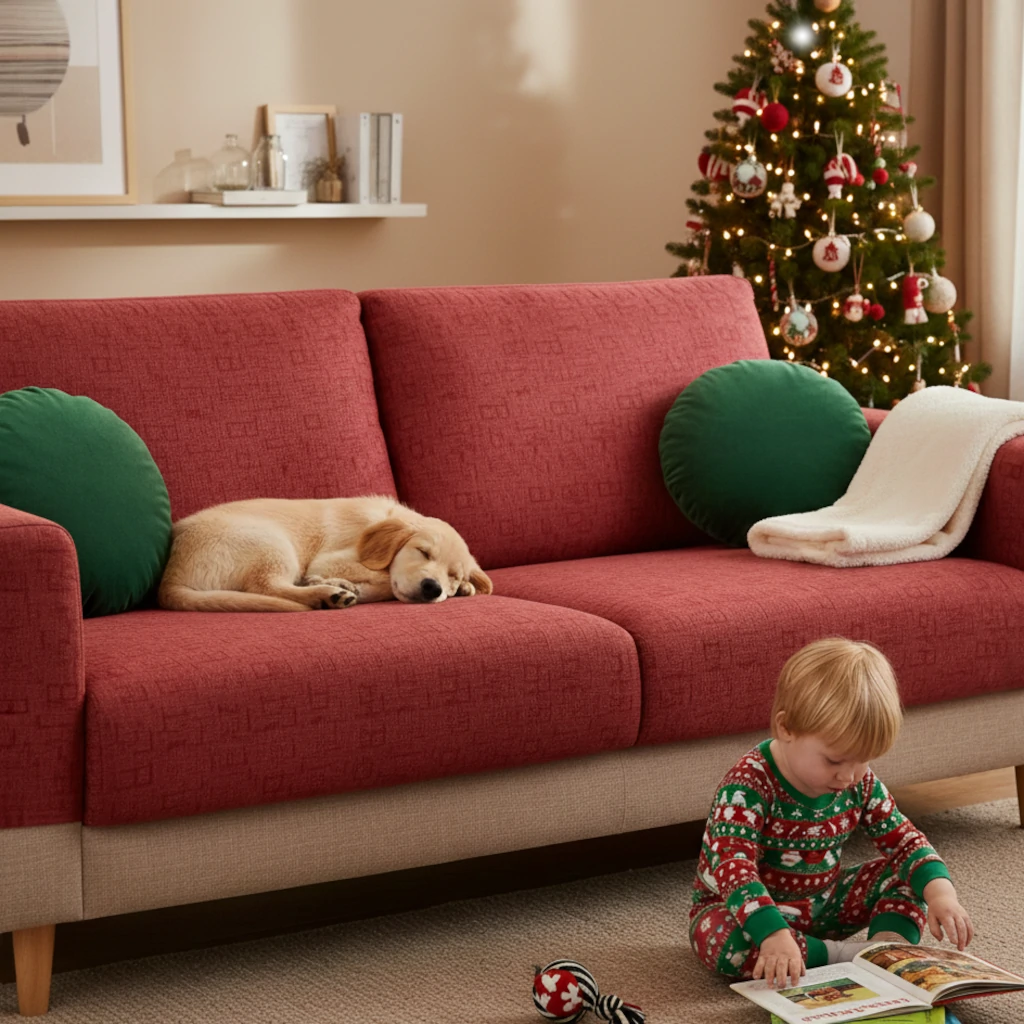 Child playing and dog resting on a red sofa beside a decorated Christmas tree.