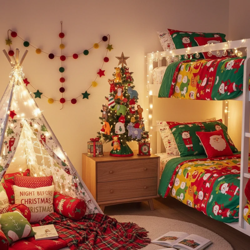 Kids' room with bunk beds, colorful bedding, a teepee, mini tree, and pom-pom garland.