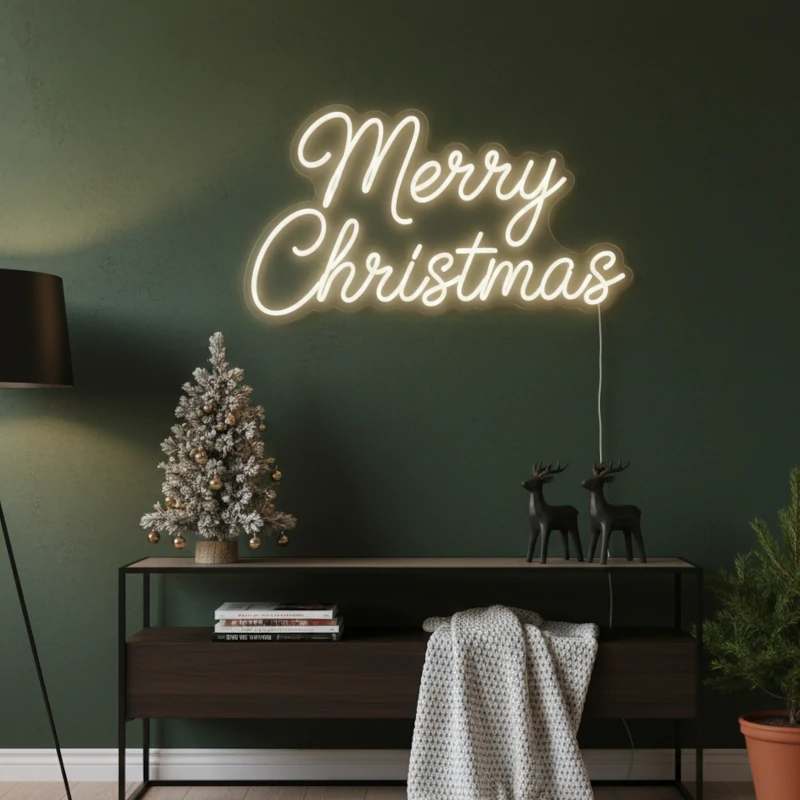 Warm glowing “Merry Christmas” neon wall sign above a console decorated with holiday accents.
