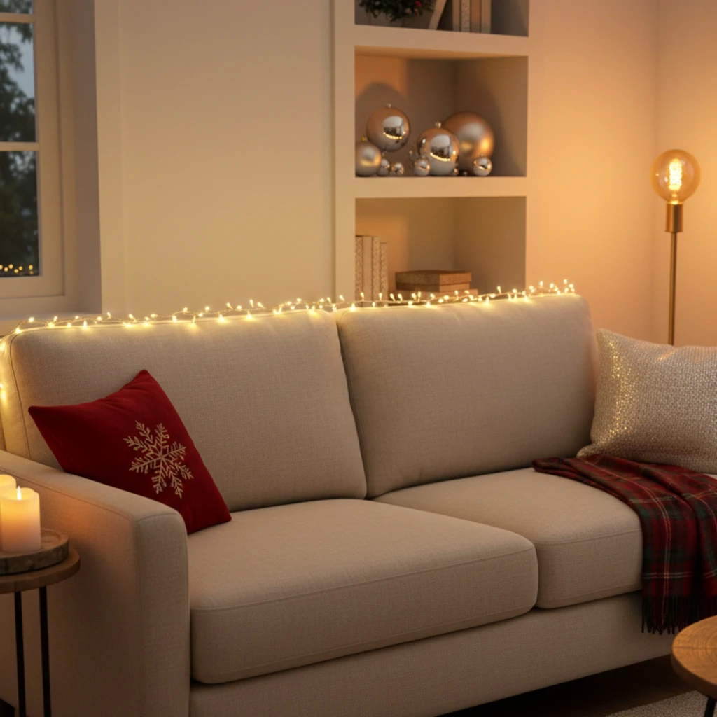 Neutral sofa with warm fairy lights along the backrest and soft Christmas décor.